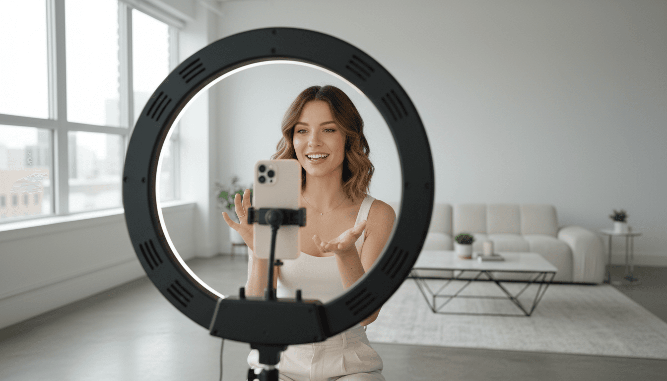 Person recording a video with a smartphone and ring light in a bright modern studio