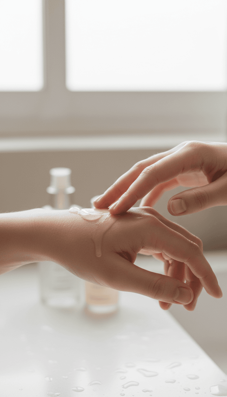 Close-up of hands applying skincare serum with soft natural lighting