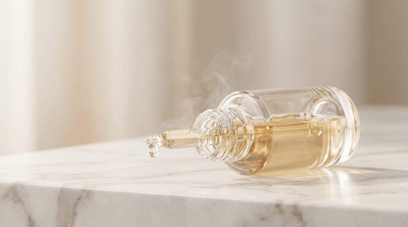 Hands applying serum from a dropper onto a clean surface in soft natural light
