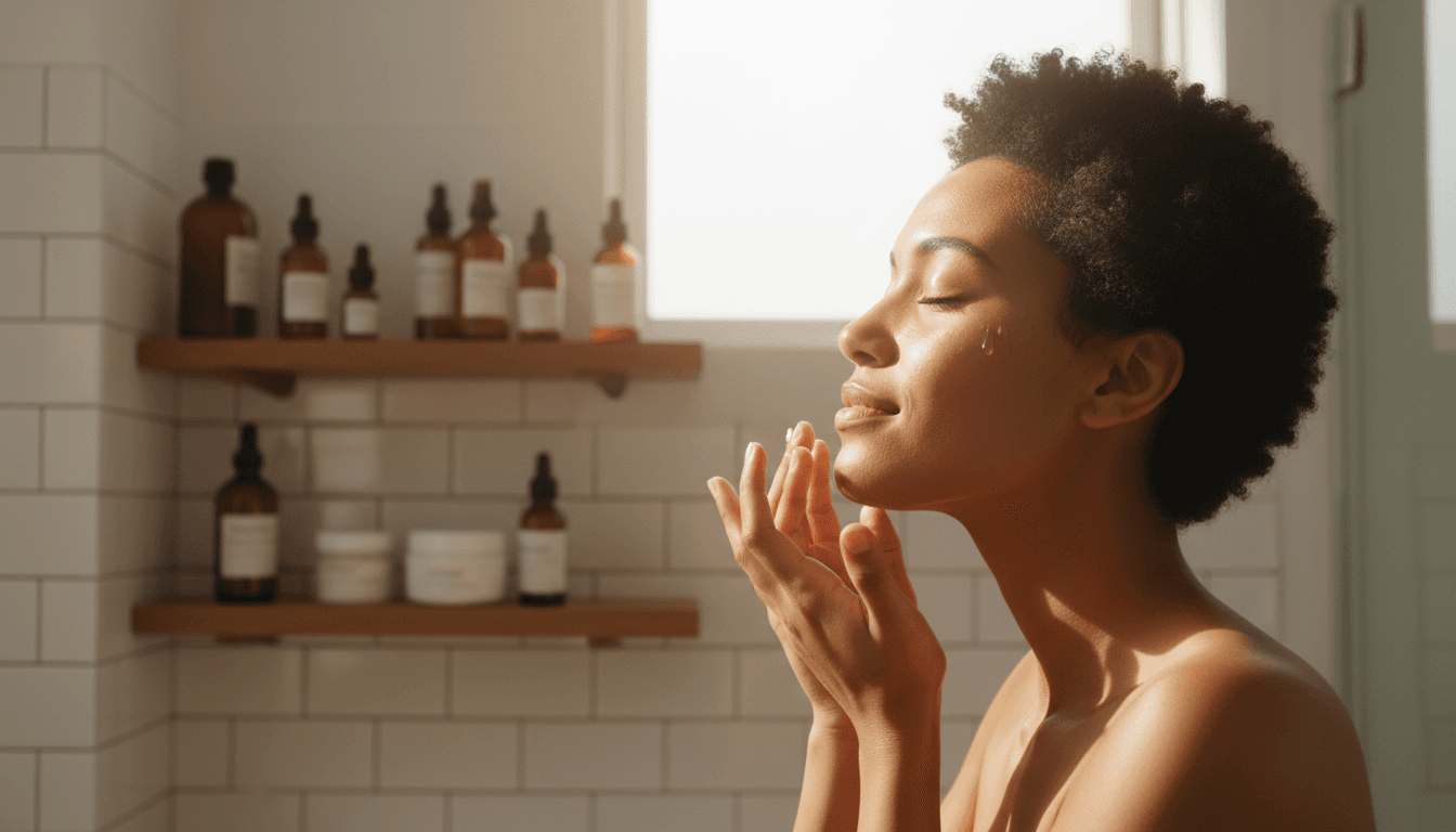 Woman applying skincare serum to her face in a bright, natural setting