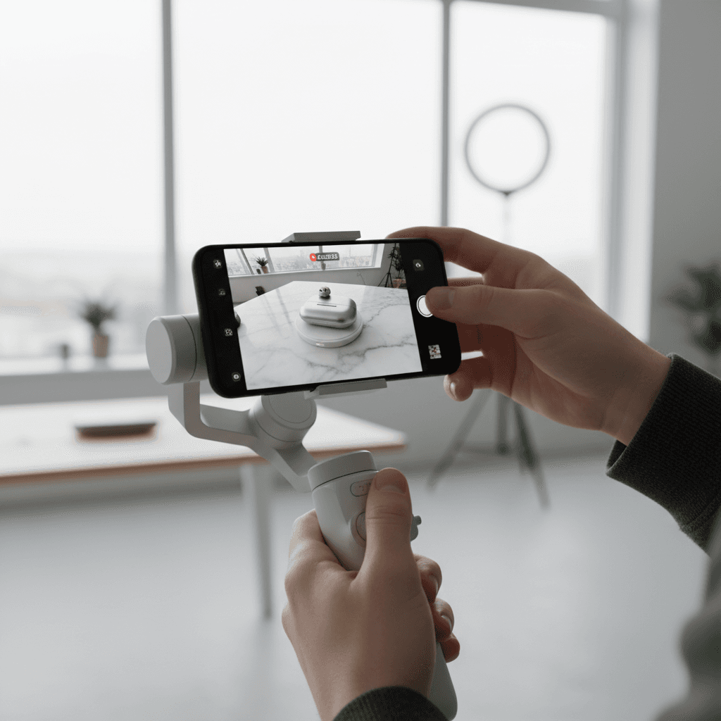 Creator filming a product video with a smartphone on a tripod in a bright studio