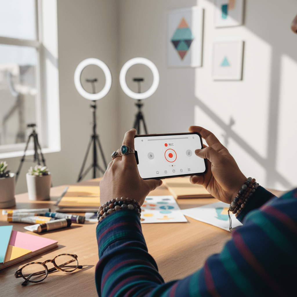 Creator filming a skincare product with a smartphone on a tripod in a bright studio