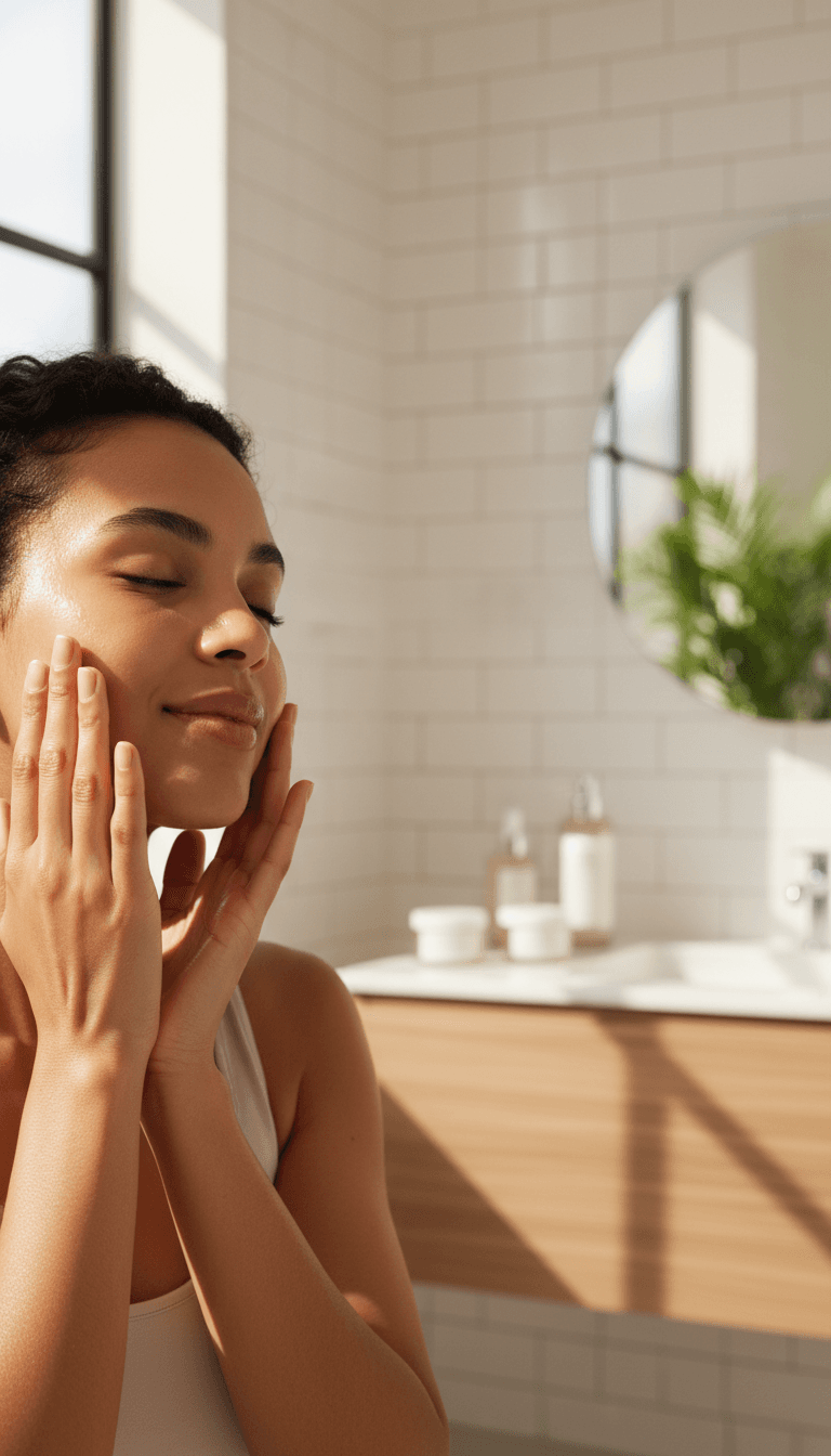 Woman applying serum to her face in a bright bathroom mirror, close-up