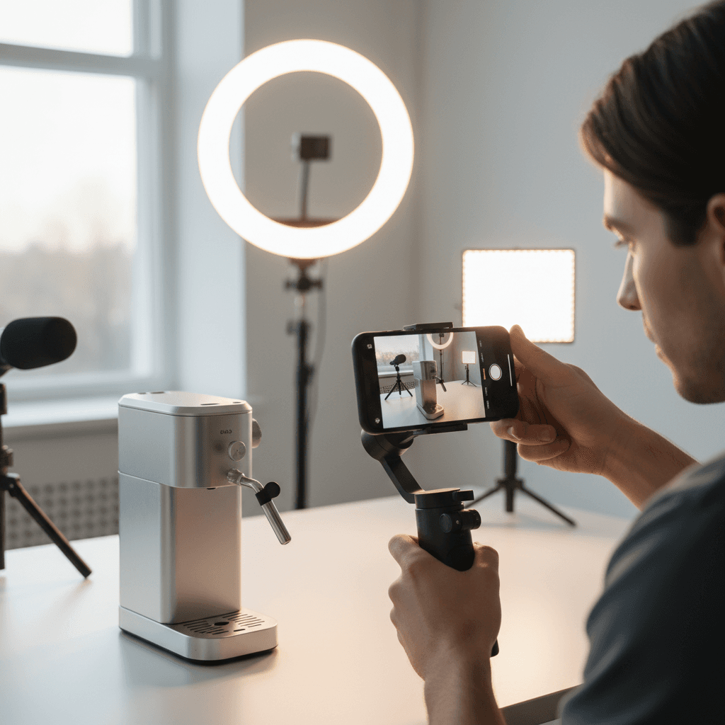 Video creator with smartphone filming a skincare product on a clean studio setup