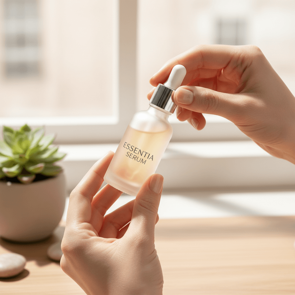 Skincare product bottle next to a green plant with water droplets on a counter