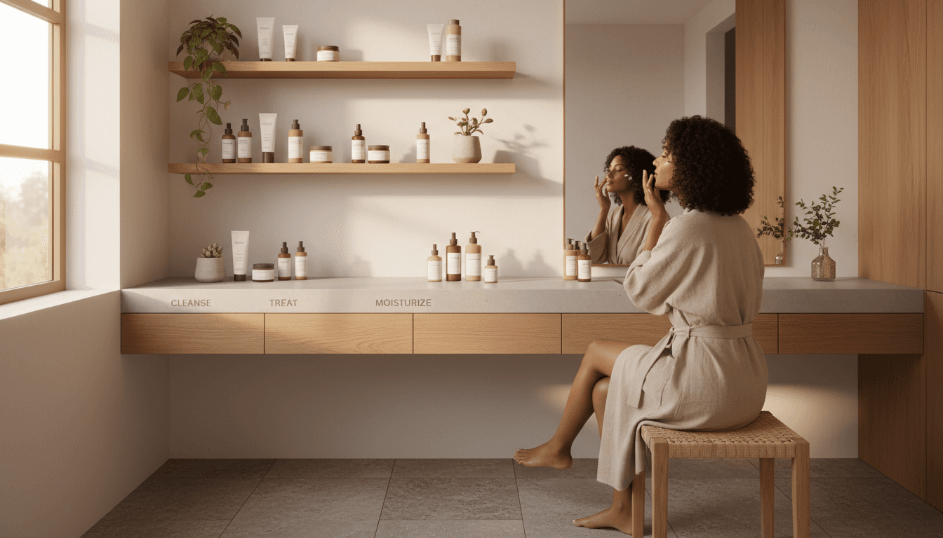Person doing a skincare routine at a vanity with mirror lights and products
