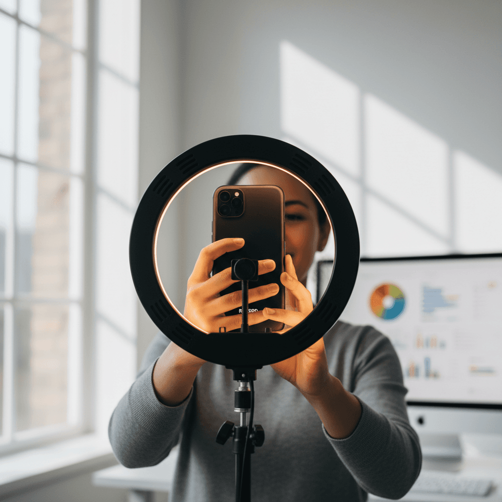 Content creator filming a product video with a smartphone on a tripod in a bright studio