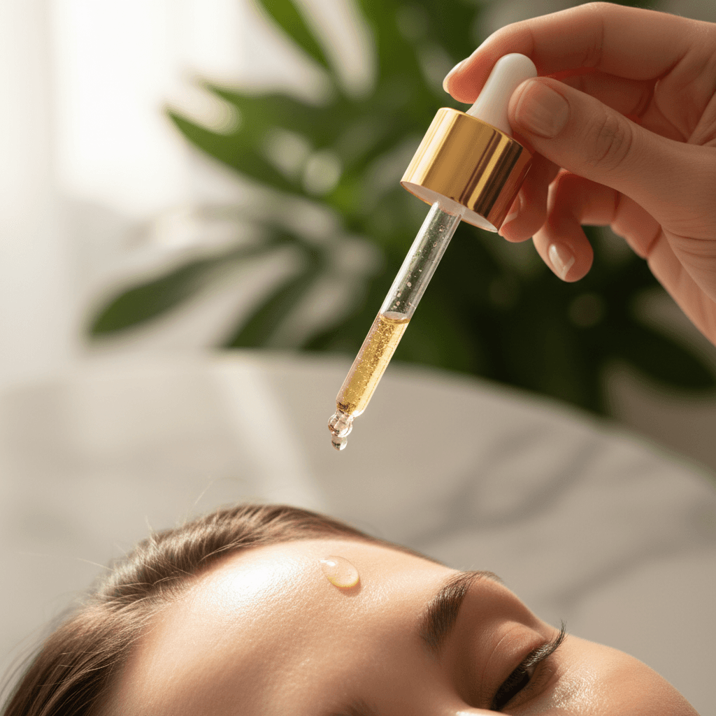 Applying serum in minimal bathroom