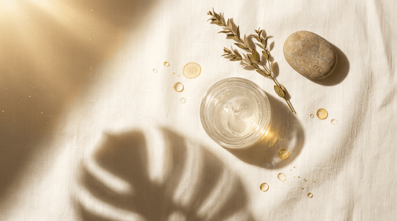 Hand holding a skincare cream jar in soft natural light on a wood surface